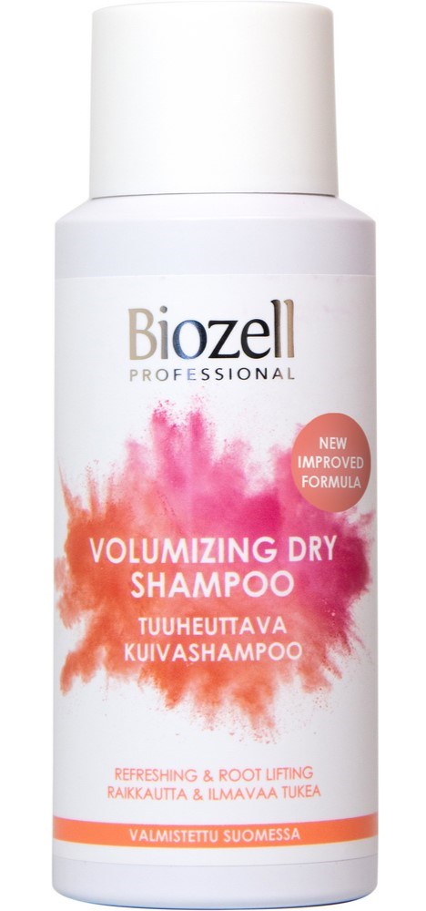 En vit flaska med Biozell professionell volymgivande torrschampo med färgstänkmönster och text.