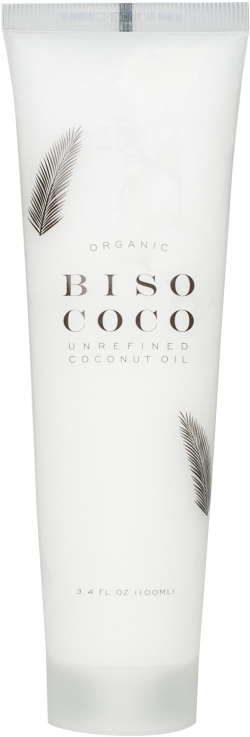 Eine weiße Tube mit Biso Coco, Palmblätter, enthält unraffiniertes Kokosöl.