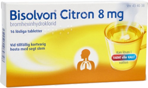 Gul och vit förpackning för medicin med citroner och vatten, text på svenska, lindrar hosta och förkylning.