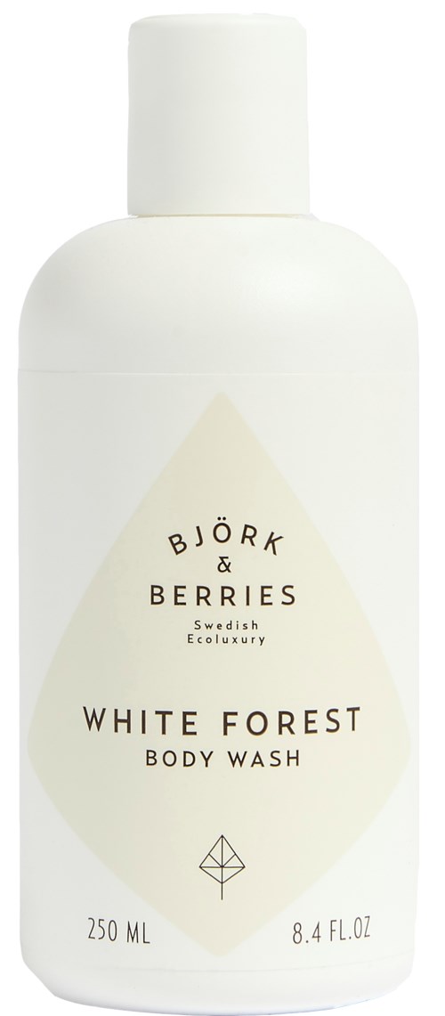 En hvid kropsvaskflaske mærket 'Björk & Berries White Forest' med minimalistisk design.