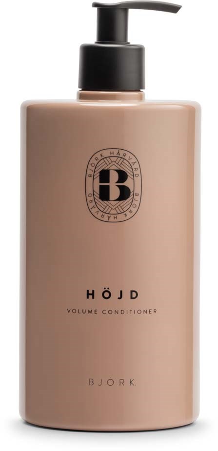 A pink bottle with a black pump, labeled 'HÖJD VOLUME CONDITIONER' and the brand name 'BJORK'.