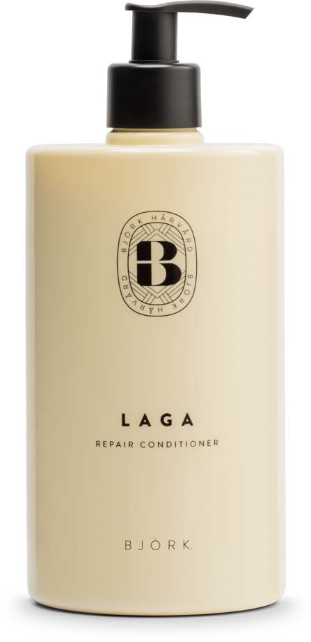 A large, beige bottle with a black pump contains Bjork Laga Repair Conditioner, labeled simply with product and brand name.