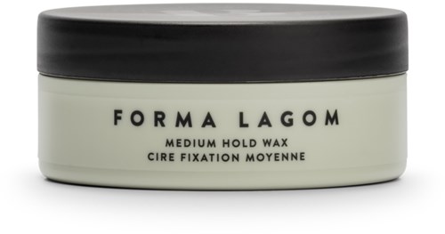 En burk med Forma Lagom medium hold wax, för hårstyling, med svart lock och vit kropp.