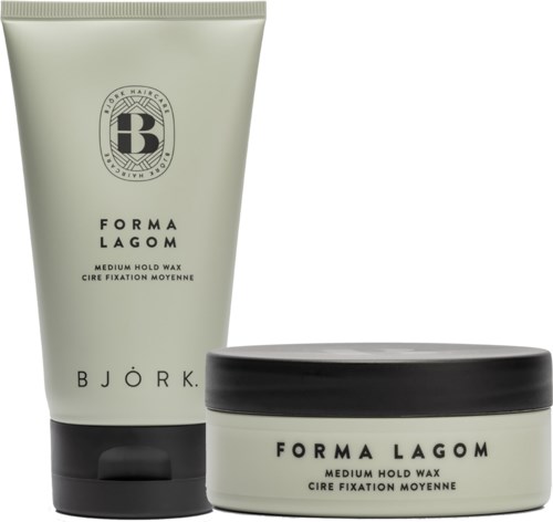 Två behållare med hårrfärg, en lång tub och en rund burk, båda märkta "FORMA LAGOM" med svartvitt design.