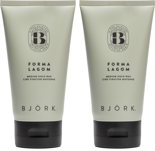 Två tuber med Björk Forma Lagom medium hold wax, svarta lock och ljusgröna kroppar, logga upptill, produktnamn i mitten.