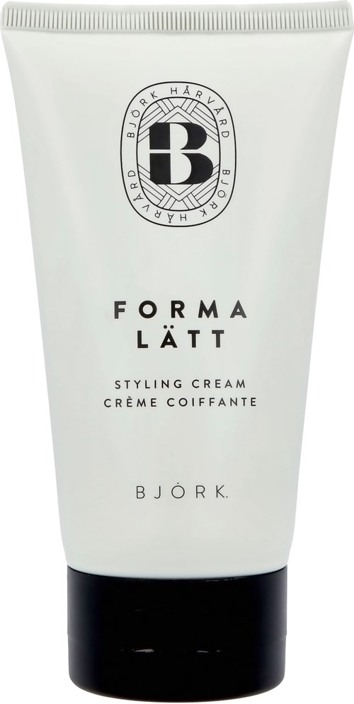 En vit tub med stylingkräm och svart lock, med Bjork-loggan och produktnamn i enkel stil.