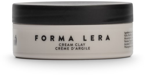En hvit krukke med svart lokk merket "FORMA LERA," som inneholder leirekrem, i enkel design.