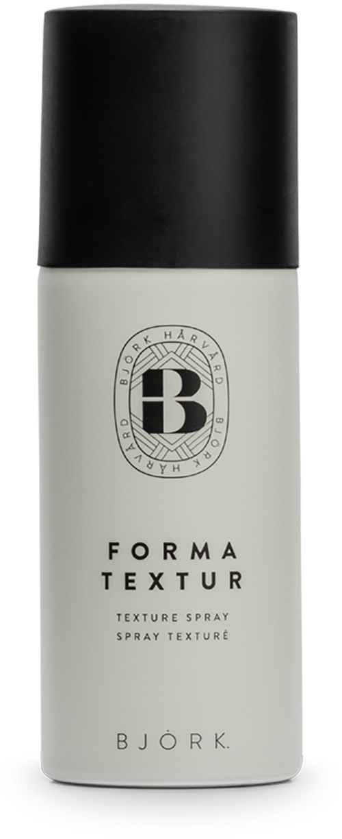 En vit sprayflaska med svart lock, märkt 'Forma Textur' av Bjork, används för hårtextur.