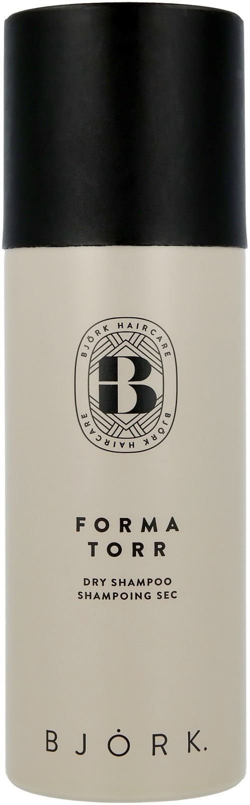 A white bottle with a black cap, labeled with BJÖRK, Forma Torr, Dry Shampoo.