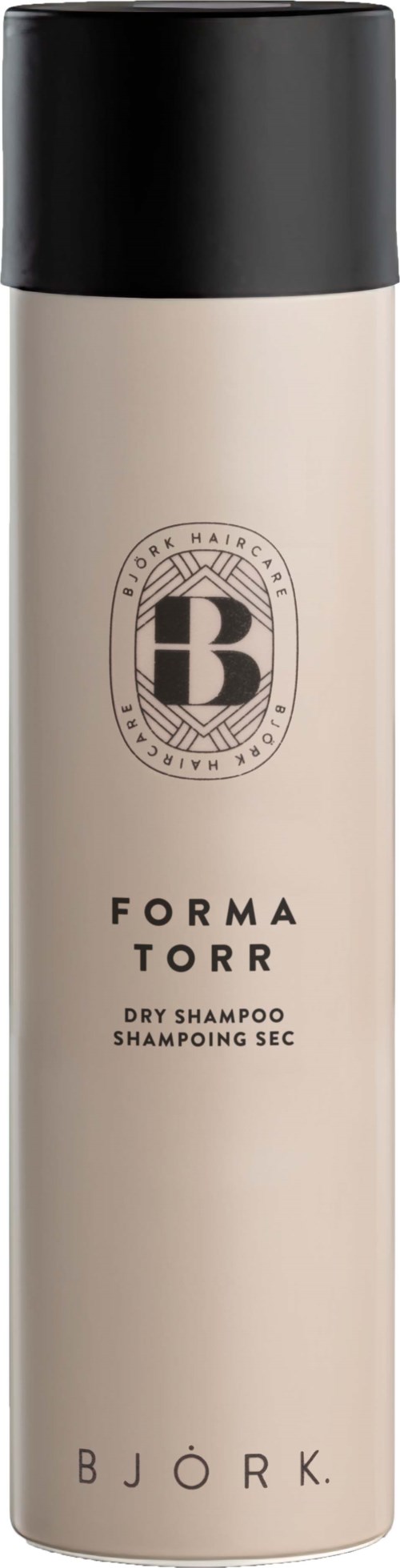A tall, beige dry shampoo bottle with a black top and a circular logo. The label reads "FORMA TORR" and "BJÖRK".