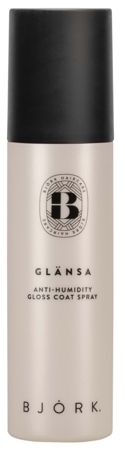 En vit sprayflaska med svart lock, märkt Glänsa Anti-Humidity Gloss Coat Spray av Björk.