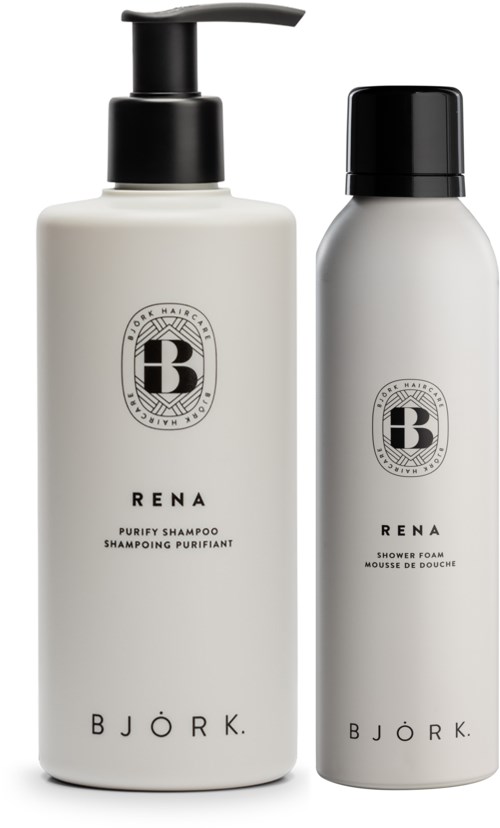Two white hair care bottles with black caps, labeled 'RENA' and 'BJÖRK,' for shampoo and shower foam.