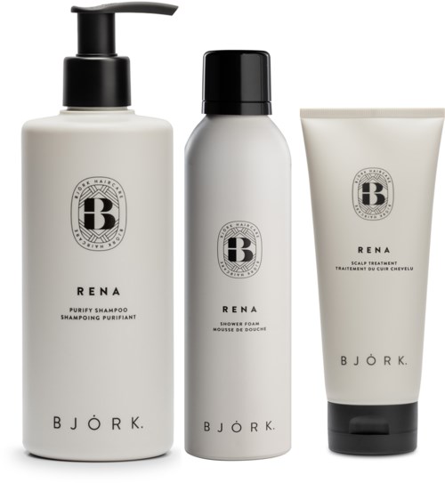 Three white Björk Rena hair care products: shampoo, shower foam, and scalp treatment in a simple design.