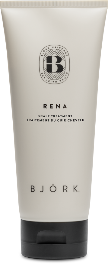 A white tube labeled Bjork Rena Scalp Treatment, with black text and a logo on top.