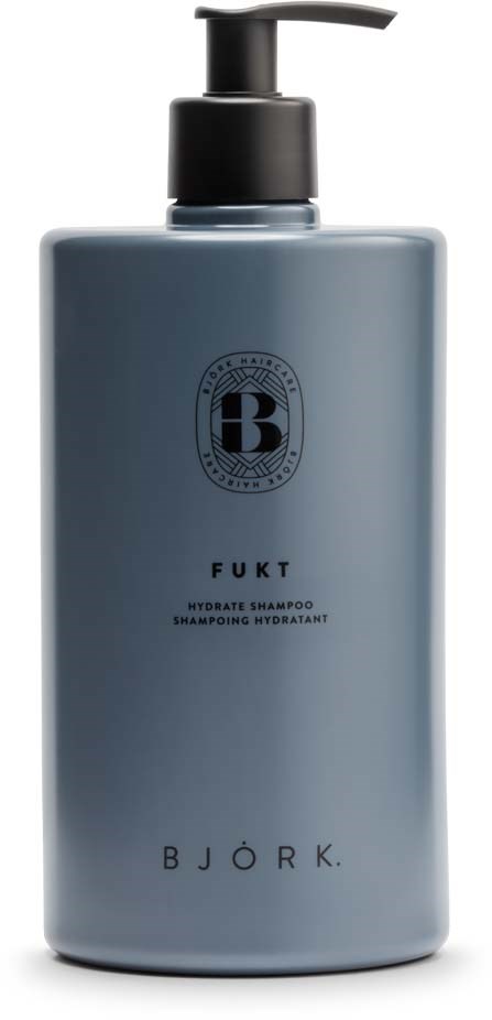 Harmaa shampoopullo mustalla annostelijalla, logo ja teksti Fukt Hydrate Shampoo Bjorkilta.