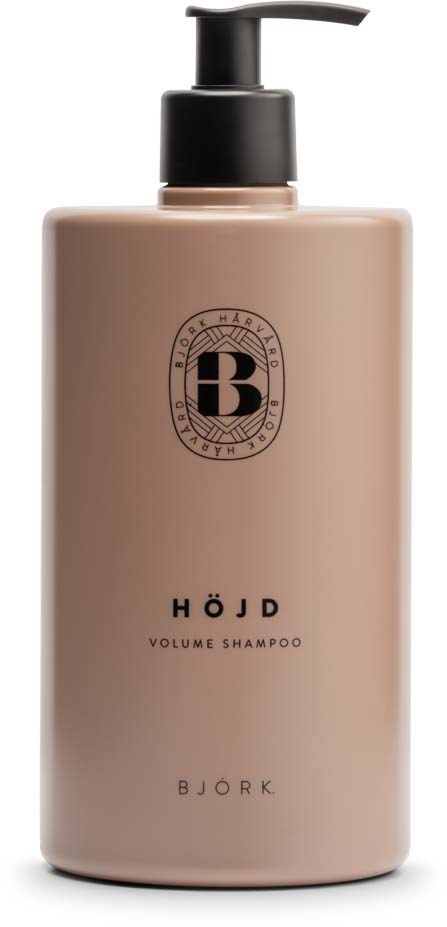 A beige bottle with a black pump labeled "HÖJD VOLUME SHAMPOO" by Bjork.