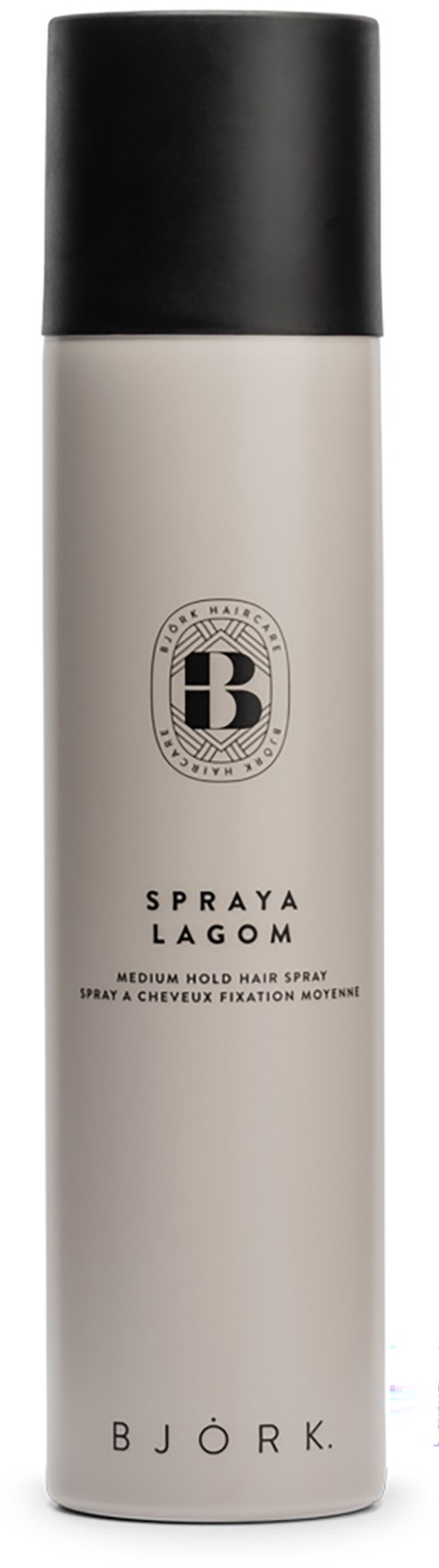 En lång, vit cylindrisk sprayflaska med svart lock, märkt 'Bjørk' och 'Spraya Lagoon'.