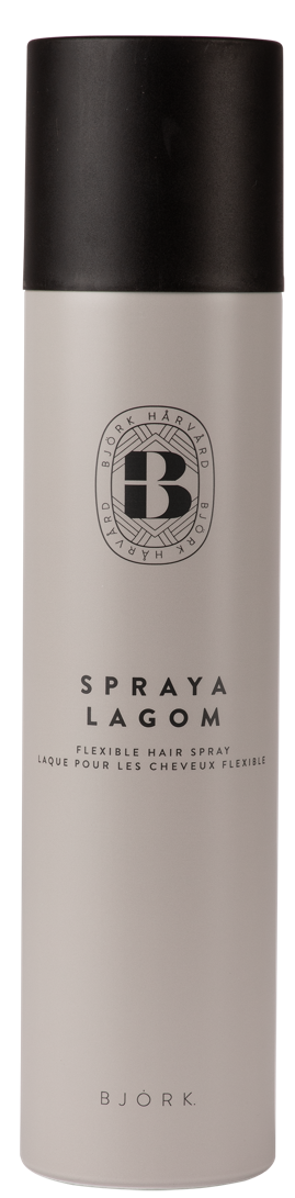 En vit sprayflaska med svart lock, märkt 'Spraya Lagom' och 'Bjork'.