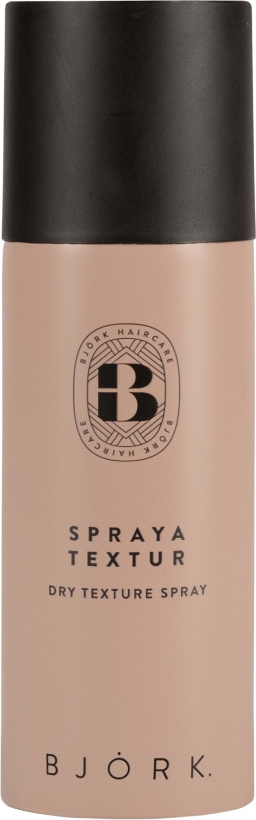 En beige sprayflaske med svart hette og Bjork-logo, merket som tør tekstur spray for hår.