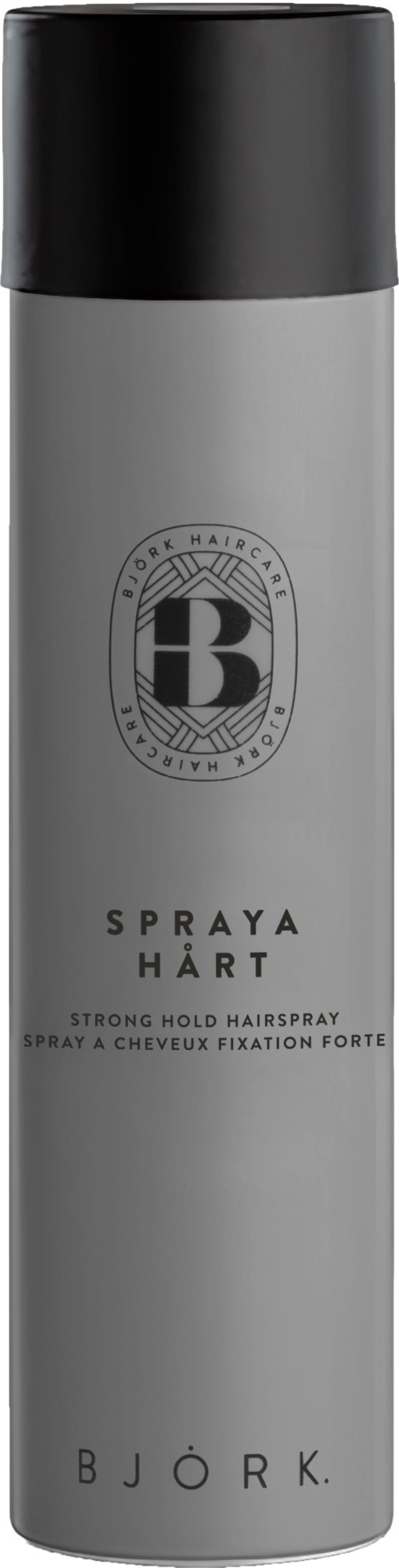 En lång, grå sprayflaska med svart lock, märkt som stark stadghårspray av Björk.