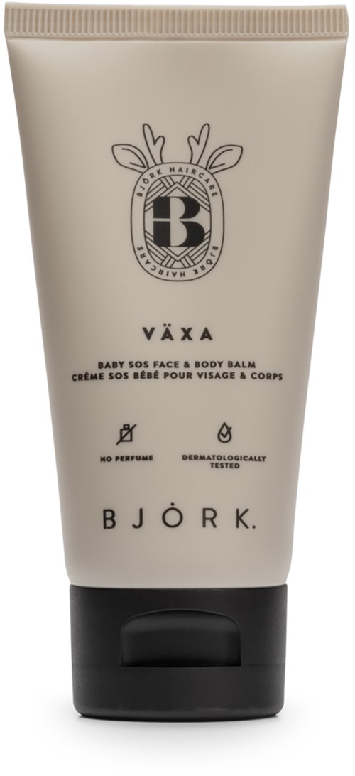 A white tube of Björk Växa baby face and body balm with black cap, no perfume, dermatologist tested.