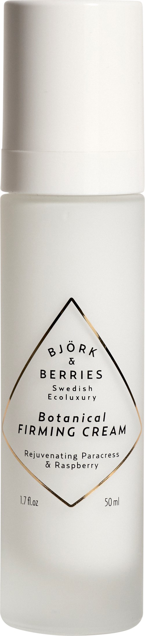 En vit flaska med botanisk fastande kräm med svart, guld och vit etikett, från märket Bjork & Berries.