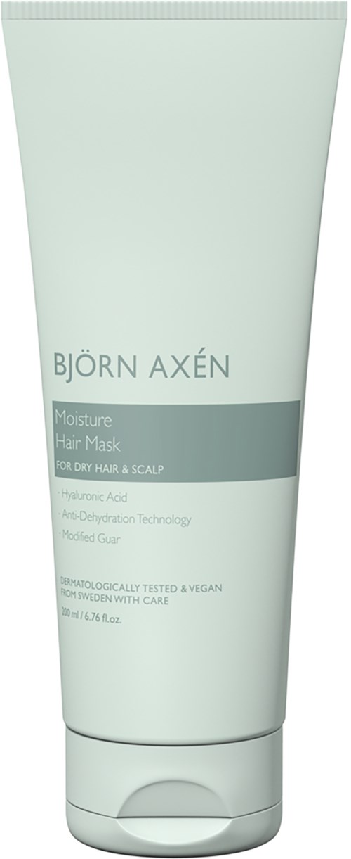 En lysende grønn tube merket Björn Axén Moisture Hair Mask for tørt hår og hodebunn, med hyaluronsyre.