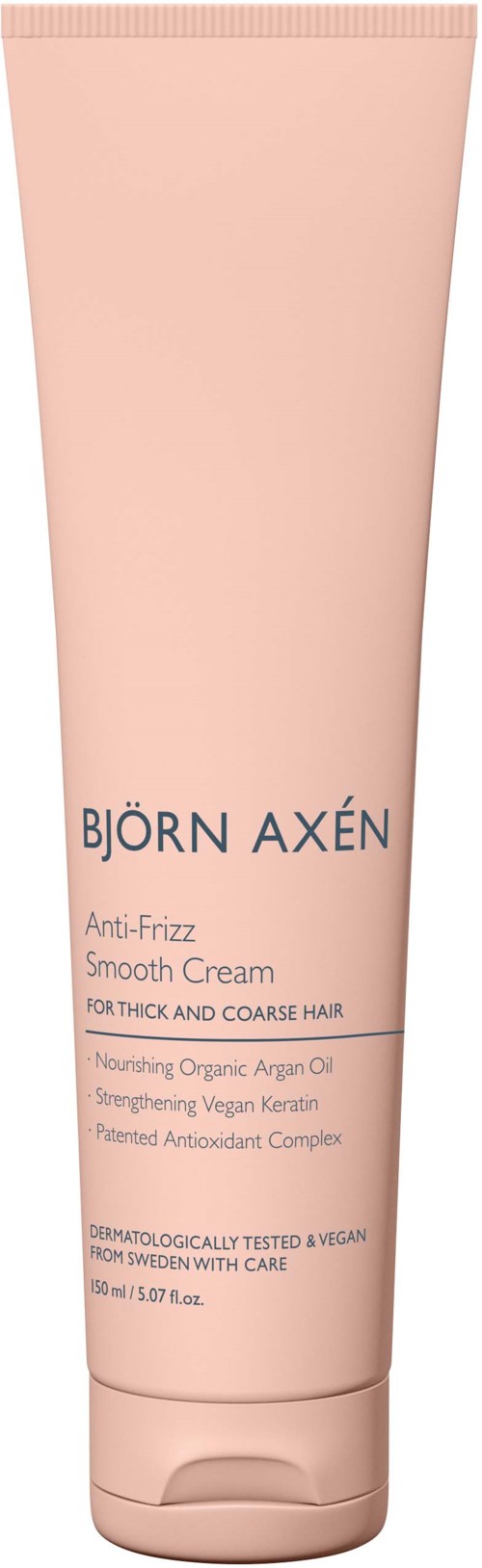 Różowa tubka kremu wygładzającego Björn Axén Anti-Frizz dla grubej, szorstkiej włosów, z naturalnymi składnikami i testami wegańskimi.