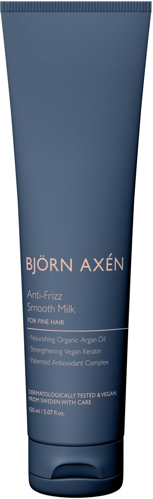 Niebieska tubka Björn Axén anti-frizz gładkie mleko do włosów, zawiera organiczny olej arganowy, wegański keratynę i przeciwutleniacze.