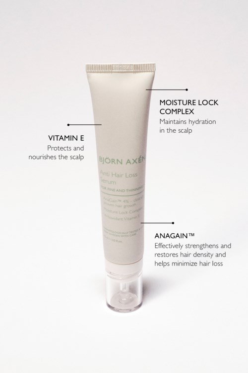 A hair product tube highlighting Vitamin E, Moisture Lock Complex, and Anagain for nourishing, hydrating, and reducing hair loss.
