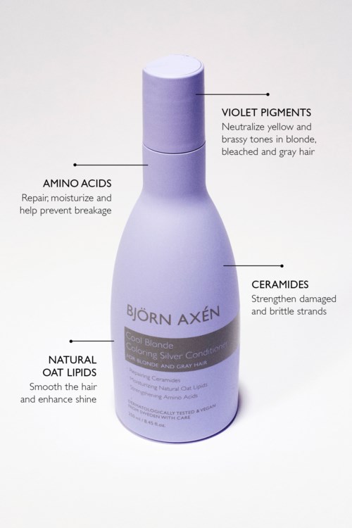 Flaske med merkelapper for violet pigment, aminosyrer, ceramider og naturlige havrelipider. Beskriver fordeler for hårpleie.