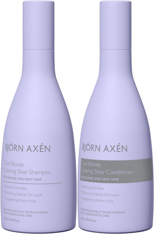 To lilla lilla flasker merket for blondt og grått hår, en for sjampo og en for balsam.