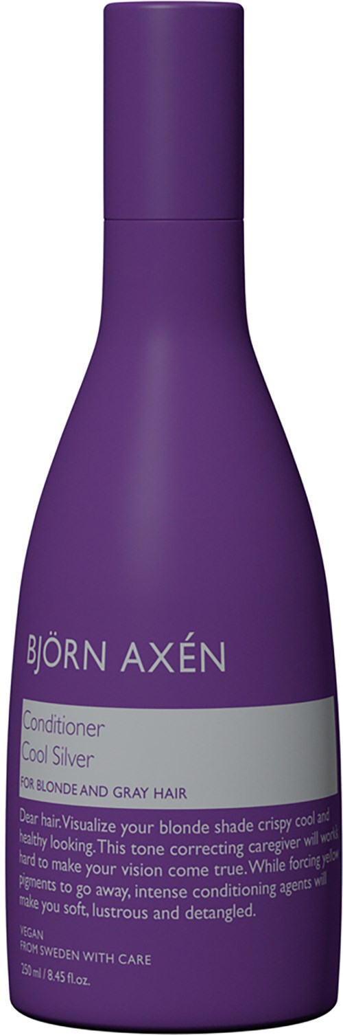 En lilla flaske merket Björn Axén Conditioner Cool Silver for blondt og grått hår, med lilla hette.
