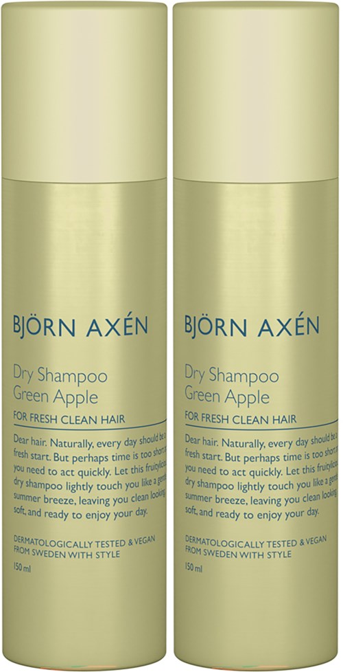 Two bottles of Björn Axén Dry Shampoo Green Apple, designed for clean, fresh hair. Light green bottles with blue text.