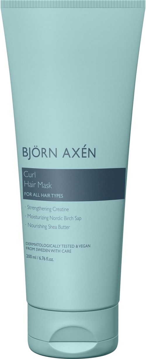 Jasnoniebieska tubka Bjoörn Axén Curl Hair Mask z tekstem i ciemnoniebieską kreską.