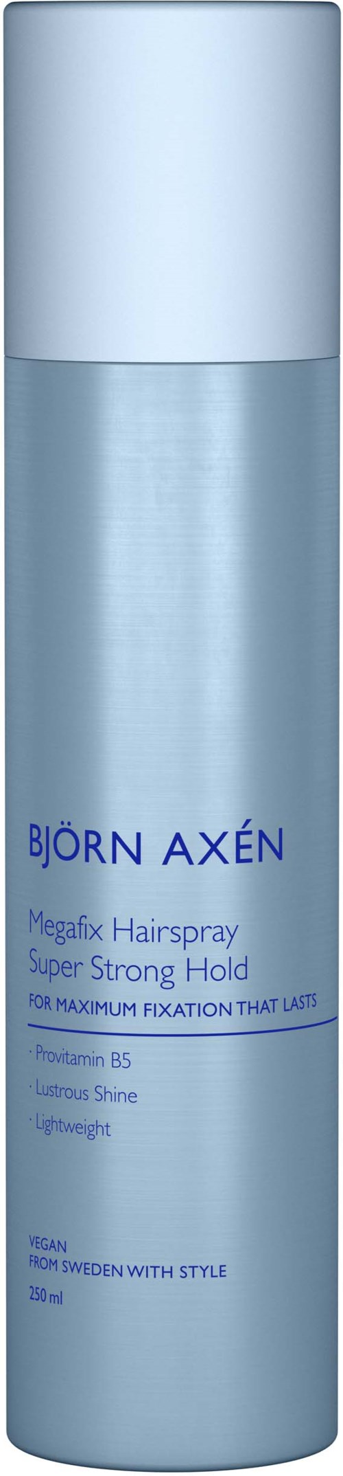 A tall blue bottle labeled Björn Axén, a hair product for strong hold, with a light blue cap.