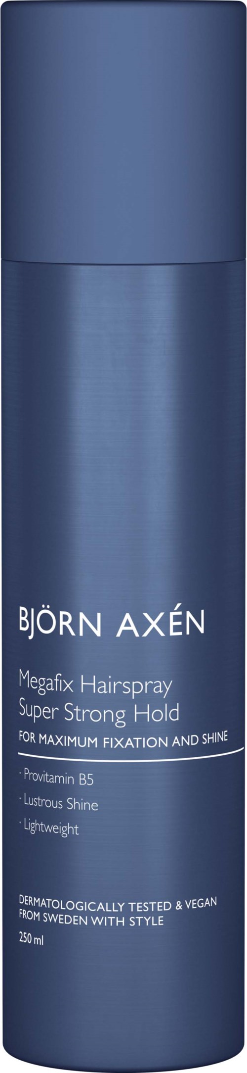 Blauwe cilindervormige fles van Björn Axén Megafix Hairspray met label met productnaam en details.
