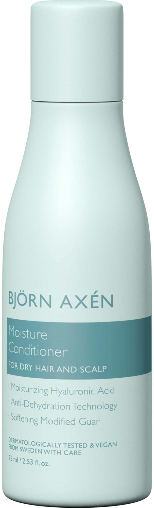 Vaaleansininen pullo, jossa lukee Björn Axén Moisture Conditioner kuivalle hiuksille ja päänahalle, sisältää ainesosia ja etuja.