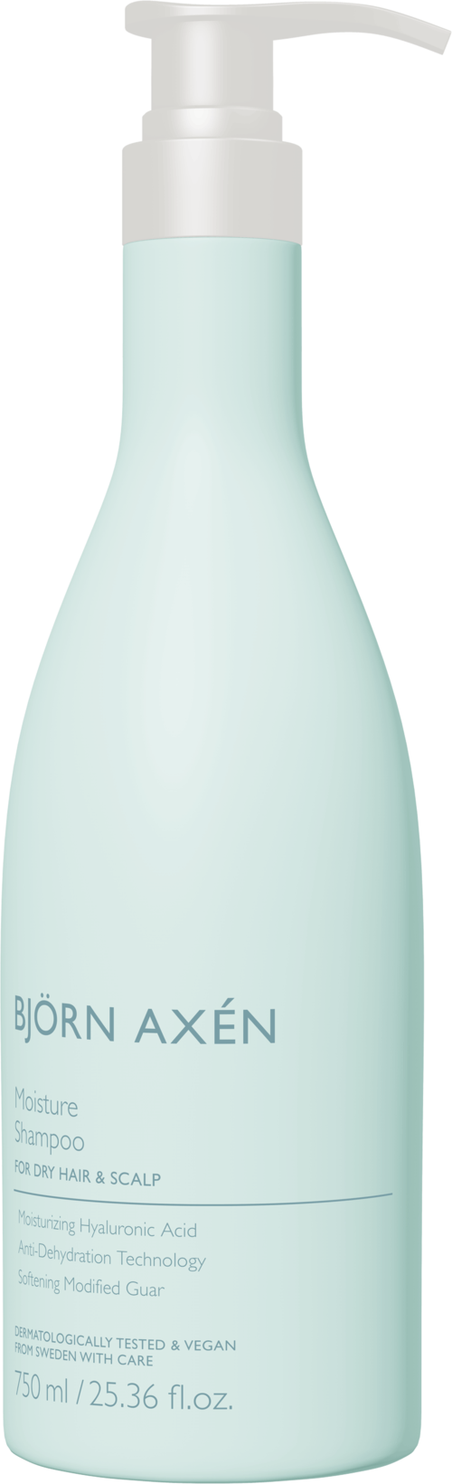 Jasnoniebieska butelka z białym dozownikiem, oznaczona 'BJÖRN AXÉN Moisture Shampoo' do pielęgnacji włosów.