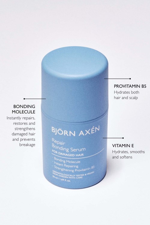 Sininen pyöreä pullo, jossa lukee Björn Axén Repair Bonding Serum vaurioituneelle hiuksille. Sisältää provitamiini B5, bonding molecule ja E-vitamiinia.