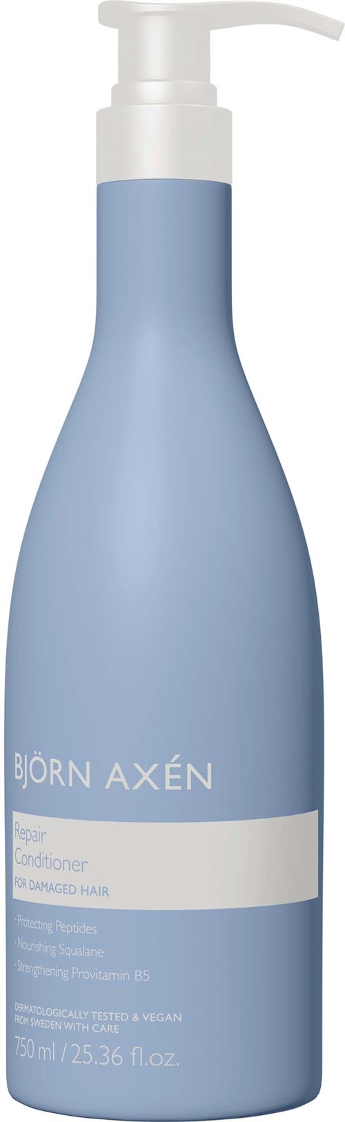 Een blauwe fles met pomp, gelabeld Björn Axén conditioner voor beschadigd haar.