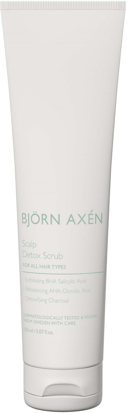 Een witte tube met de tekst Björn Axén Saip Detox Scrub voor alle haartypes met exfoliërende ingrediënten.