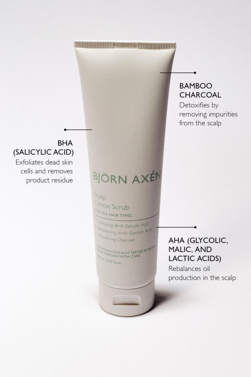 Witte tube met hoofdhuid scrub met labels voor bamboe houtskool, BHA en AHA ingrediënten en hun voordelen.
