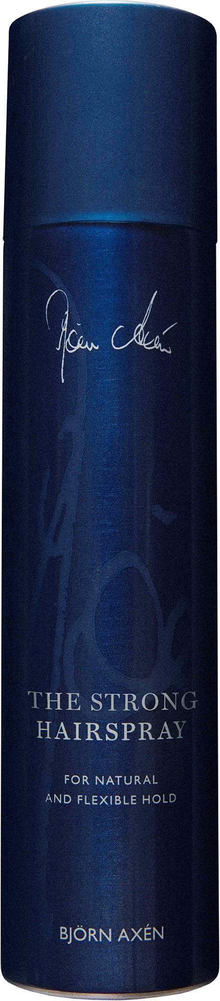 En lång, mörkblå sprayflaska märkt "The Strong Hairspray" av Björn Axén med en vit signatur på.
