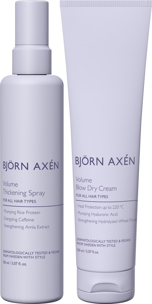 Två vita flaskor med hårprodukter från Björn Axén, en spray och en kräm, med blå text, för alla hårtyper.