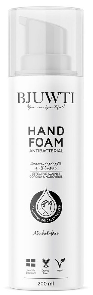 Weiße Flasche mit Pumpe, gekennzeichnet BJUWTI Hand Foam, antibakteriell, alkoholfrei, 200 ml, Hautschutzsymbol.