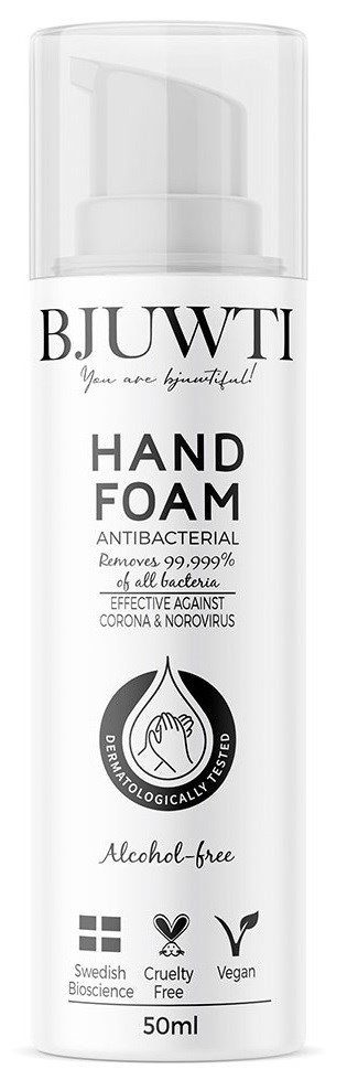 En vit cylindrisk flaska med pump, märkt 'BJU WTI Hand Foam,' nämner att den är antibacterial, alkoholfri, vegansk och cruelty-free.