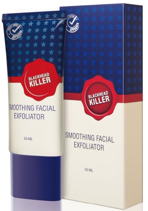 En tube og eske for ansiktspeeling i blått, hvitt og rødt, merket 'Blackhead Killer' og 'Smoothing Facial Exfoliator.'