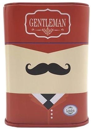 En burk med röd och gräddfärgad design som har ett mustasch och ordet 'Gentleman' högst upp.