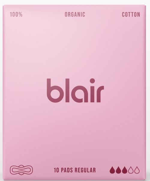 Blair feminine hygiene pads in pink packaging with product details and absorbency icons.